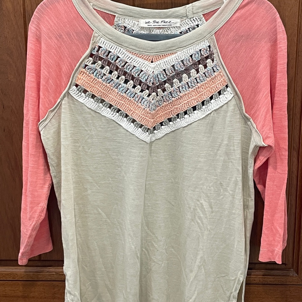 We The Free Pink and Cream Crochet Accent Blouse
